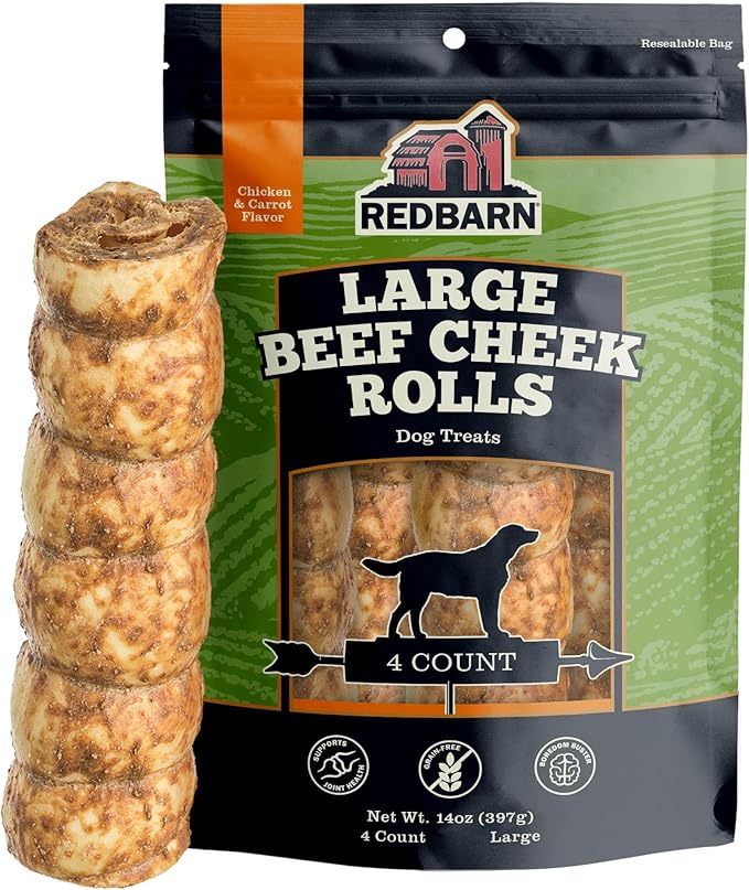 Redbarn Pet Products All-Natural Large Beef Cheek Rolls for Dogs, Chicken & Carrot Glazed - Single Ingredient Grain-Free Chew Treat Naturally Rich in Collagen - Packaging May Vary, Pack of 4