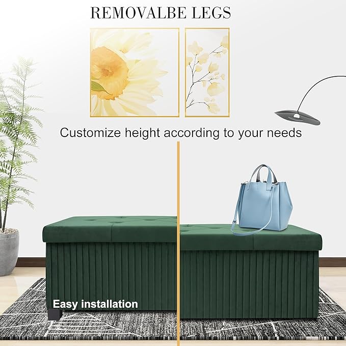 Storage Ottoman Bench, 43 Inch Foldable Ottoman with Legs, Velvet Foot Rest Stool, End of Bed Bench, Storage Chest for Living Room, Bedroom (Green)