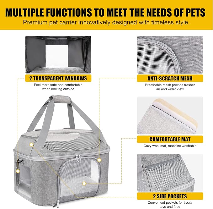 Large Cat Carrier Soft Side Pet Carrier for Kitten Puppy Collapsible Travel Small Dog Carrier, TSA Airline Approved Pet Carriers for Under 20 lbs, Gray