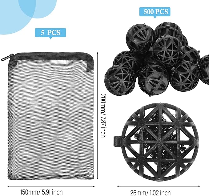 500 Pieces Bio Filter Balls Black Bio Balls for Aquarium Filter Pond Filter 1.02 Inch Internal Bioballs Filter Media with 5 Pieces Aquarium Filter Media Bags Mesh Bags with Zipper for Fish Tank Pond