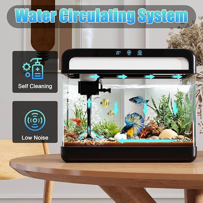 Fish Tank 3 Gallon Smart Aquarium Kits with Silent Water Pump,Self Cleaning System,7 Color Lights,Temperature Display, Aromatherapy, Advanced Filtration for Small Fish Kids Room Desktop Decor