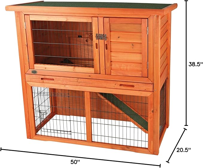 TRIXIE natura Outdoor Rabbit Hutch with Run - 2-Story Rabbit Cage with Non-Slip Ramp - Medium Elevated Small Animal House with Secure Playpen, Hinged Roof & Pull-Out Tray - in Brown
