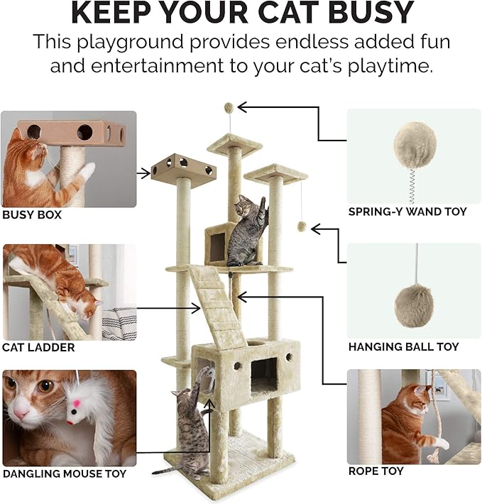 Furhaven 69.3" Tall Cat Tree for Indoor Cats, Ft. Sisal Scratching Posts, 2x Cat Condos, & Toys - Tiger Tough Double Decker Interactive Playground Tower - Cream, One Size