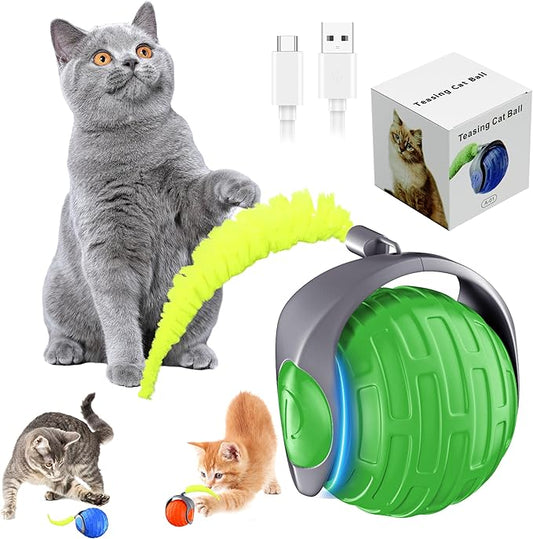 Cat Toys,Interactive Cat Toys Ball for Bored Indoor Cat,Automatic Rolling,Drop Resistant and Obstacle Avoidance,2 Modes Adjustment,Fluffy Tail and USB Type-C Rechargeable（Green）
