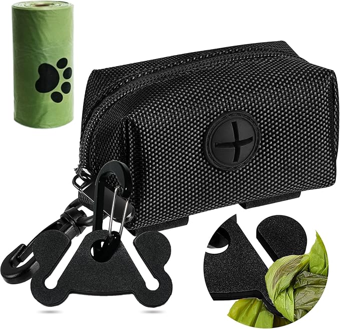 Dog Waste Bag Dispenser Pet Poop Bags Holder for Doggie Waste Bags Dispensers Soft Fabric Zipper Small Doggy Puppy Pouch for Leash Accessory Attachment with Carrier (Black)