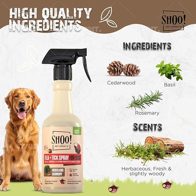 Shoo! Flea & Tick Spray for Dogs and Home | Plant Based, Natural Oils, Chemical Free Formula | Kills, Repels, Prevents | 16 oz (Woodland Harmony)