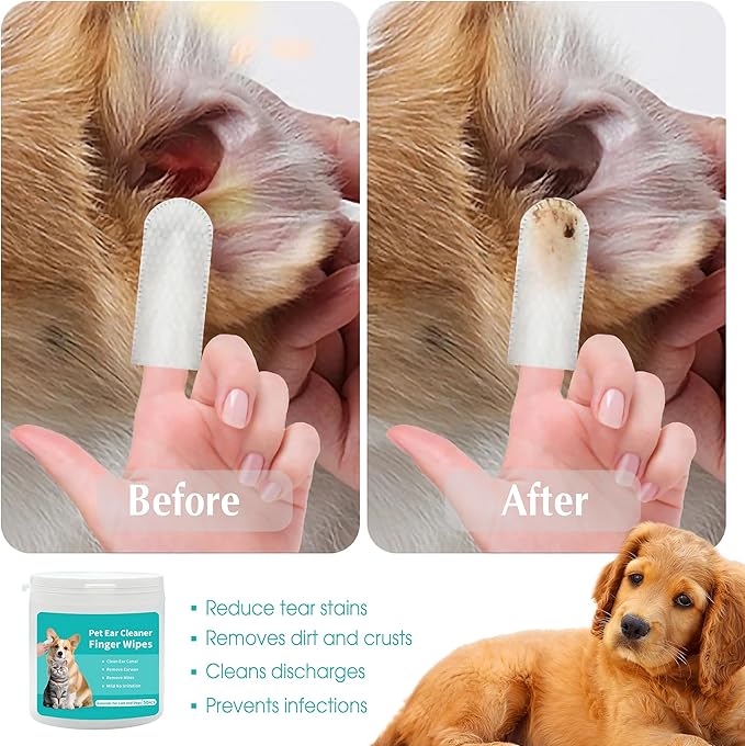 Ear Wipes for Dogs & Cats - Comfortable Finger Design, Gentle Ear Wax, Debris, and Dirt Cleaning | 50-Count Pack