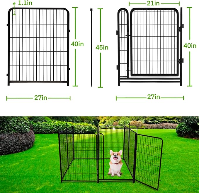 Tall Garden Fence and Borders,Wide Gate Low Threshold Fence Panels, 40in(H) 4 Panels Total 8.9 Ft(L) Animal Barrier Fence, Heavy Metal Dog Fence Outdoor for Yard