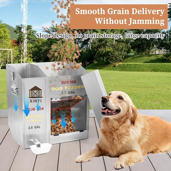 XINYI Automatic Dog Feeder and Waterer 2-in-1,SU304 Stainless Steels 2.6 Gallon Water Tank with 1 Aluminum Alloy Water Cup, 3.7 Gallon Dog Food Dispenser,Automatic Feeder for Pets, Breed, Cat