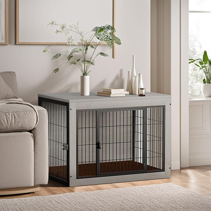 Bigrab Dog Crate Furinture with Thick Cushion, Side End Table Wooden Dog Cage with Double Doors, Chew-Resistant Dog Kennel Dog House Indoor for Small to Large Dog, L (Grey)
