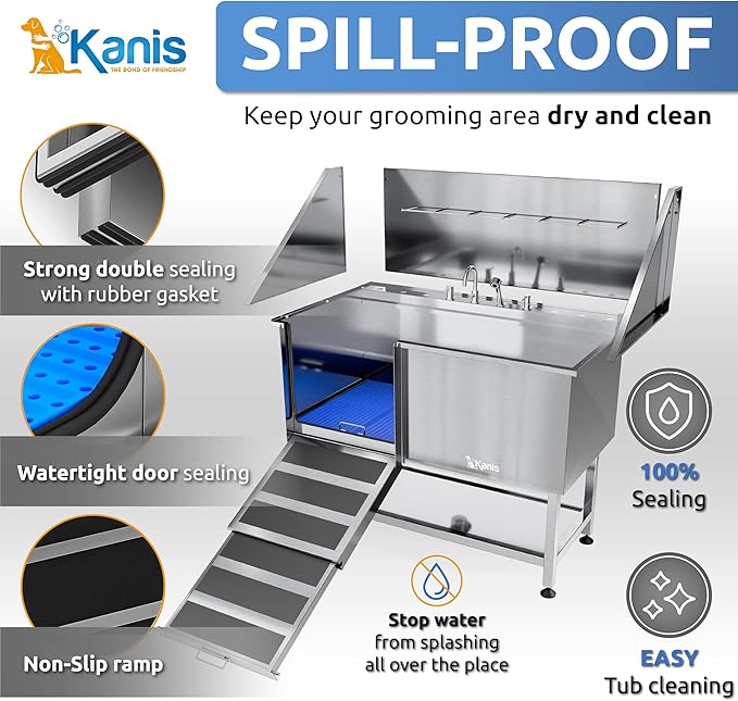 KANIS Professional Dog Washing Station - 304 Stainless Steel Pet Wash Sink & Grooming Bath Tub for Home with Ramp, Shower, Floor Grate, Storage Shelf, Faucet, Drain Kit for Large, Medium & Small Pets