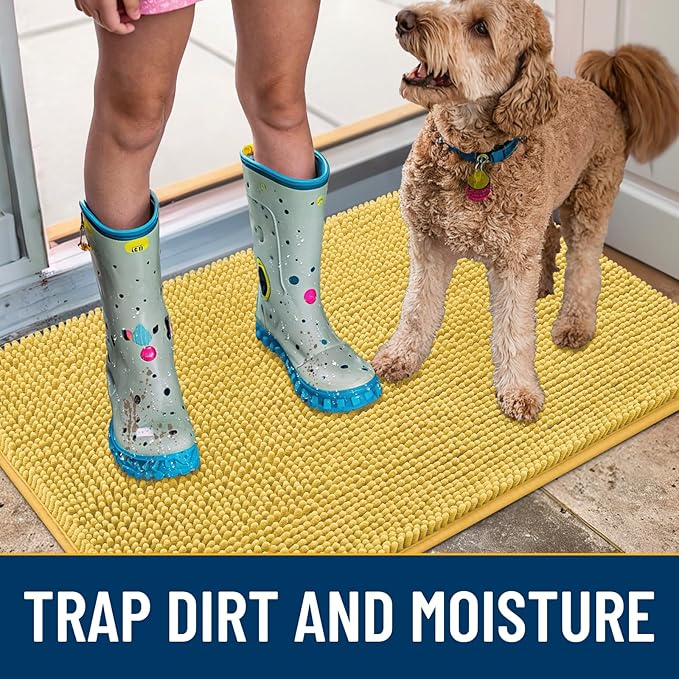 Smiry Dog Door Mat for Muddy Paws 24x16, Absorbs Moisture and Dirt Doormat, Non-Slip Washable Quick Dry Chenille Front Door Mat Indoor Entrance, Entryway Carpet for Inside Floor, Yellow