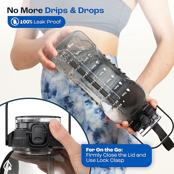 AQUAFIT 64 oz Water Bottle with Time Marker - 2in1 Straw & Chug Lid - BPA Free Big Water Bottle with Straw - Gym Water Bottle with Strap - Water Jug (64 Ounces, Frosty)