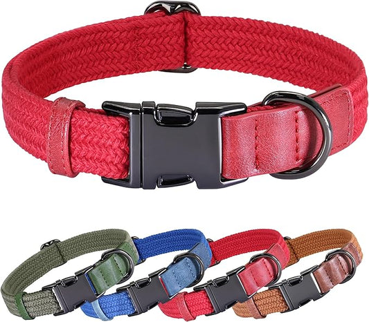 PET ARTIST Soft Cotton Dog Collar for Small Dogs in Glamorous Red, Simple Dog Collar with Quick Release Metal Buckle & D Ring, S Size (10-16")