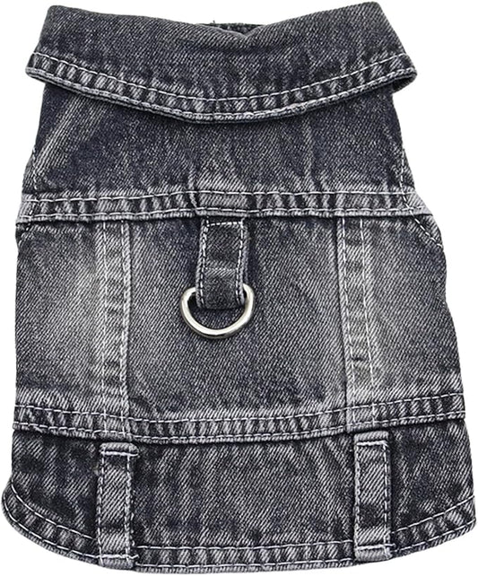 Puppy Clothes for Small Dogs Boy,Classic Western Denim Dog Coat,Dog Jeans Jacket with Leash D-Ring,Pet Cat Costumes,Cooling Harness Vest for Walking (Black, XX-Large)