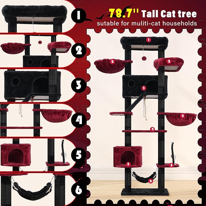 Gothic Cat Tree for Large Cats, 78.7"(200cm) Tall Cat Tower for Indoor Cats Multiple Cats with Large Top Perch, Cat Condo, Cat Hammcok, Cat Scratching Post, Black and Red GCT031BR