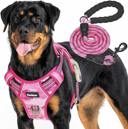 Heavy Duty Tactical Dog Harness for Large Dogs, No Pull Adjustable Pet Harness Reflective Service Training Easy Control Pet Vest Military K9 Working Dog Harnesses- Large, Pink Camo