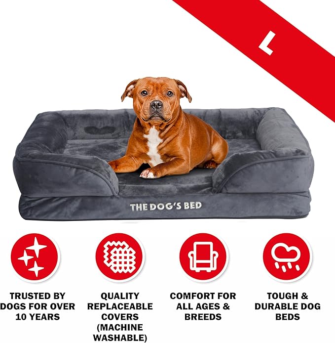 The Dog’s Bed, Orthopedic Standard Foam Waterproof Dog Bed with Standard Support, Large Grey Plush, Waterproof, Supportive Dog Bed with Replaceable Covers, Veterinary Approved