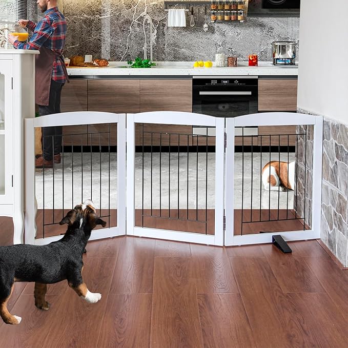 ZJSF Freestanding Dog Fence Indoor, Foldable Dog Gate for Doorways, Stairs or Hallways, Sturdy Wood Extra Wide Pet Gate with Support Feet for The House, White, 24 "Height-3 Panels