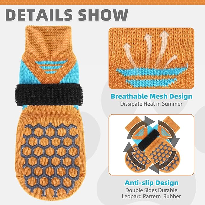 KOOLTAIL Dog Socks for Hot Pavement, Summer Breathable Dog Socks to Prevent Licking Paws, Non Slip Pet Boots&Paw Protectors for Hardwood Floor,Grippy Shoes for Small Medium Large Senior Dogs,Orange S