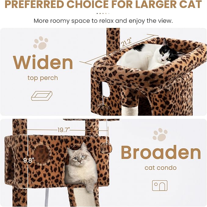 SHA CERLIN 65in Larger Cat Tree Tower Condo for Indoor Kitties/Multi-Level Furniture Activity Center with Wide Base/Cozy Plush Cat Perches/Baskets/Sisal Scratching Posts and Hammock/Leopard Print