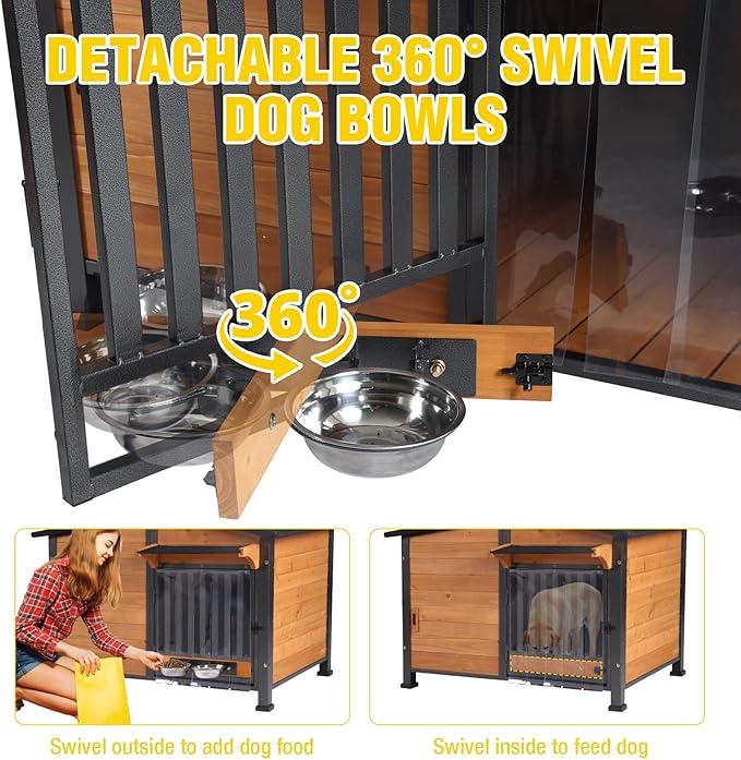 Chew-Resistant Dog House with Metal Frame, Wooden Kennel for Indoor & Outdoor Use, Waterproof Roof & Feeding Bowls Included (Wood, L)