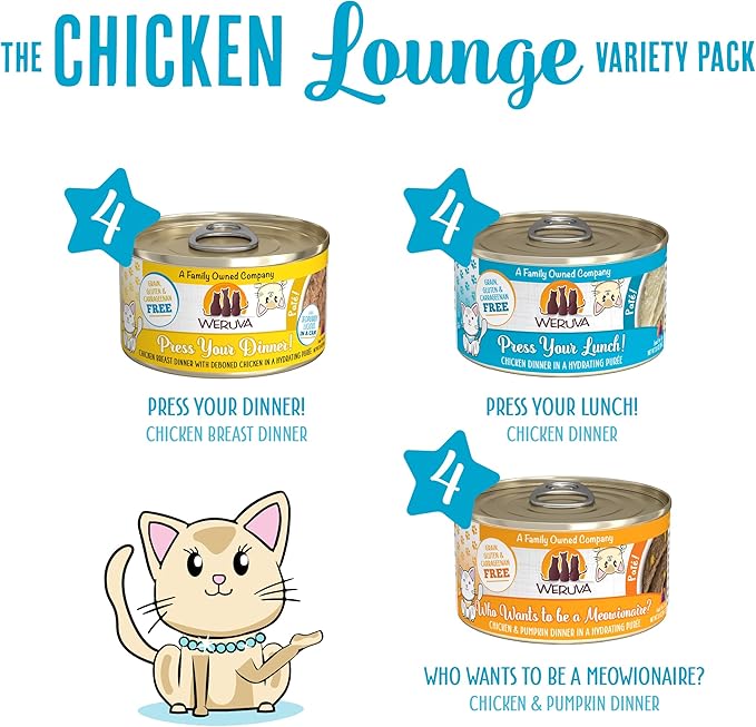 Weruva Wet Cat Food, The Chicken Lounge Paté Variety Pack, 3oz Can, Pack of 12
