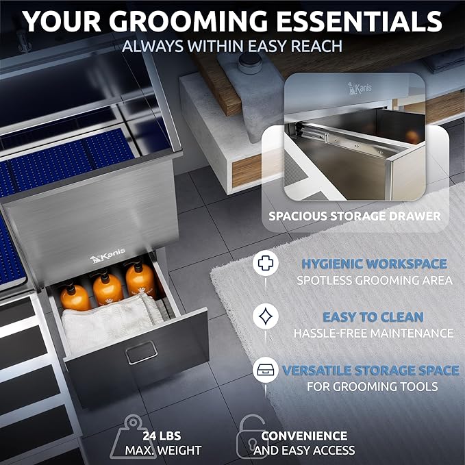 KANIS Professional Dog Washing Station - 304 Stainless Steel Pet Wash Sink & Grooming Bath Tub for Home with Ramp, Shower, Floor Grate, Storage Drawer, Faucet, Drain Kit for Large, Medium & Small Pets