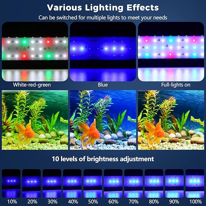 Tatub 11W LED Aquarium Light for 18"-24" Fish Tank, Full Spectrum Fish Tank Light with White Blue Red Green LEDs, 10 Levels of Brightness，Timer Auto On/Off