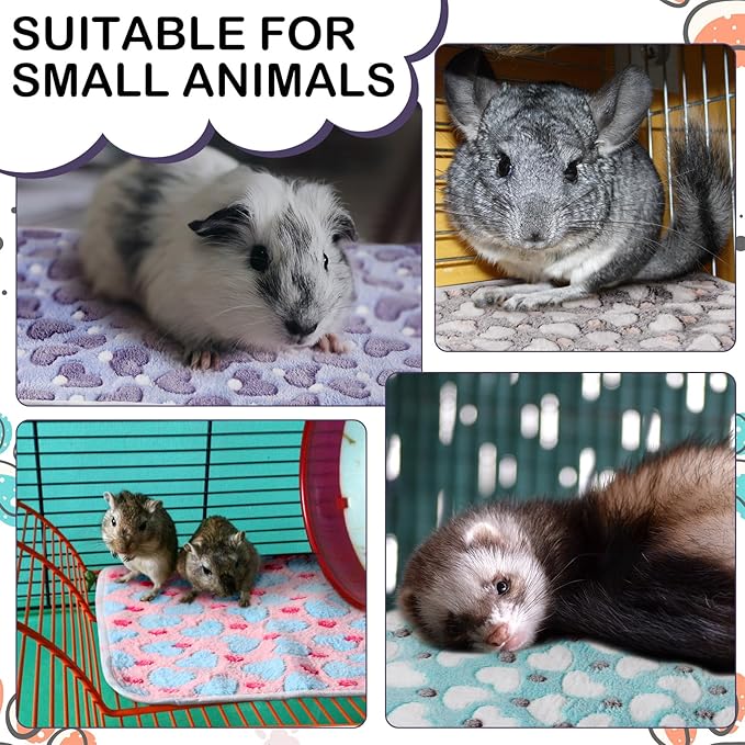 Reginary 4 Pcs Waterproof Guinea Pig Blankets Washable Small Animal Fleece Bedding Absorbent Guinea Pig Cage Liners Reusable Pet Pee Pad Sleep Mat for Hamster Ferret(Heart Pattern,12 x 12 Inch)