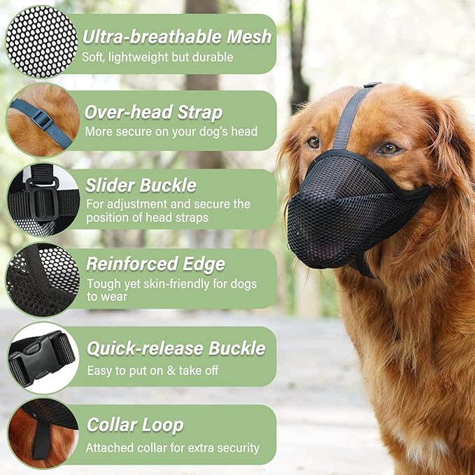 Mayerzon Dog Muzzle, Patented Soft Mesh Muzzle for Small Medium Large Dogs for Scavenging Biting Licking and Chewing, Allows to Pant and Drink (XL, Black)