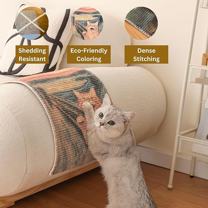 Sisal Cat Scratcher Post Mat (Use on Wall, Couch and Carpet), Durable and Shedding-Resistant Cat Scratching Surface - 21.7x13 inch with Adhesives and Twist Pins (Scream)