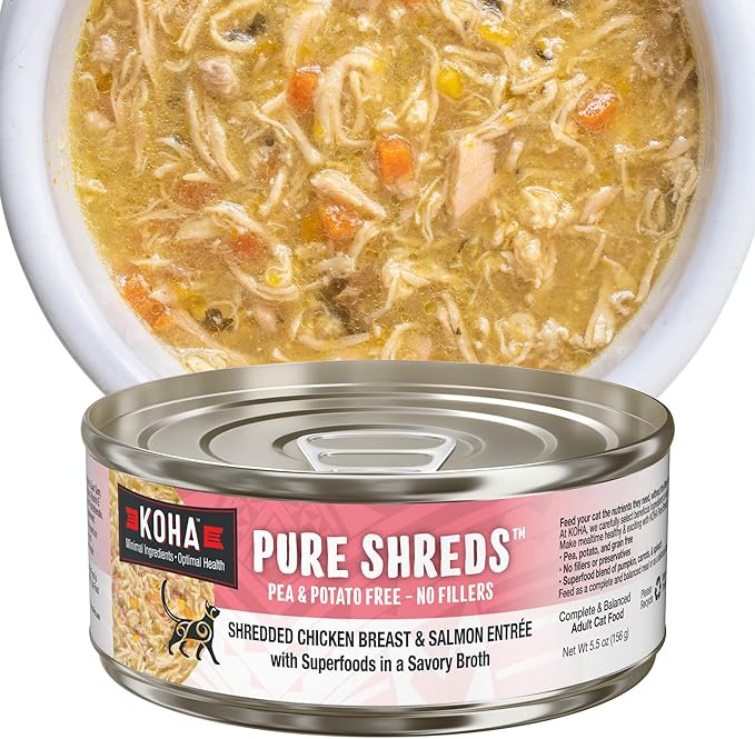 KOHA Pure Shreds Chicken and Salmon Entrée for Cats, High Protein Wet Cat Food, 5.5oz Cans (Pack of 12)