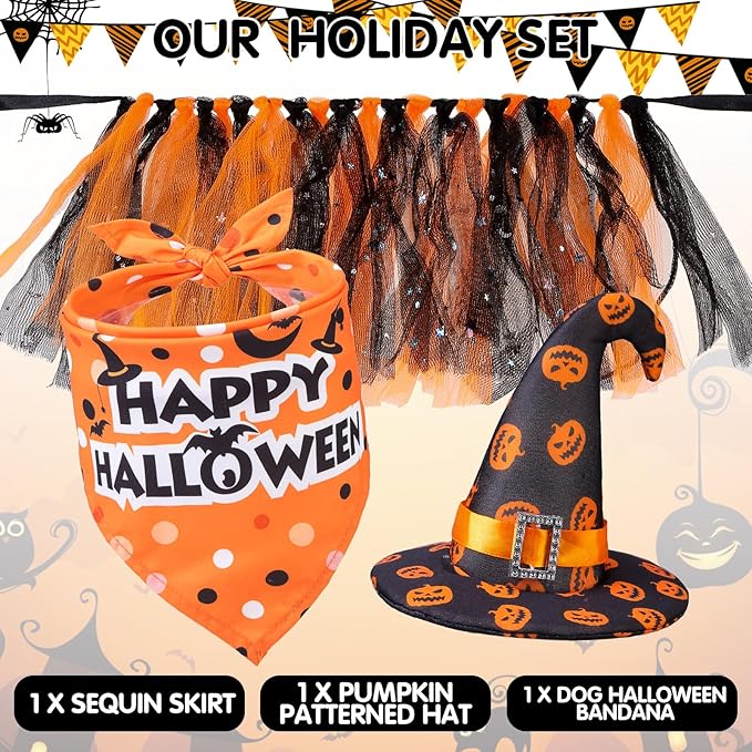 SCENEREAL Small Dog Halloween Costumes, Bandana Hat Dress Set, 3pcs Puppy Party Supplies, Soft Triangle Scarf, Cute Tutu Skirt Outfit for Girl Boy Pet