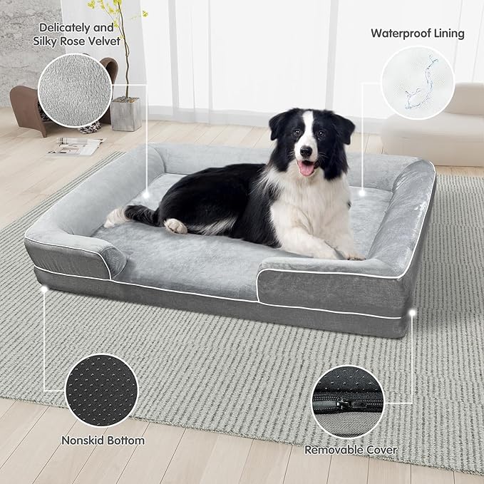 Dog Beds for Large Sized Dogs,Washable Orthopedic Memory Foam Dog Couch Sofa Bed with Bolster,Removable Cover,42x30Inch,Grey