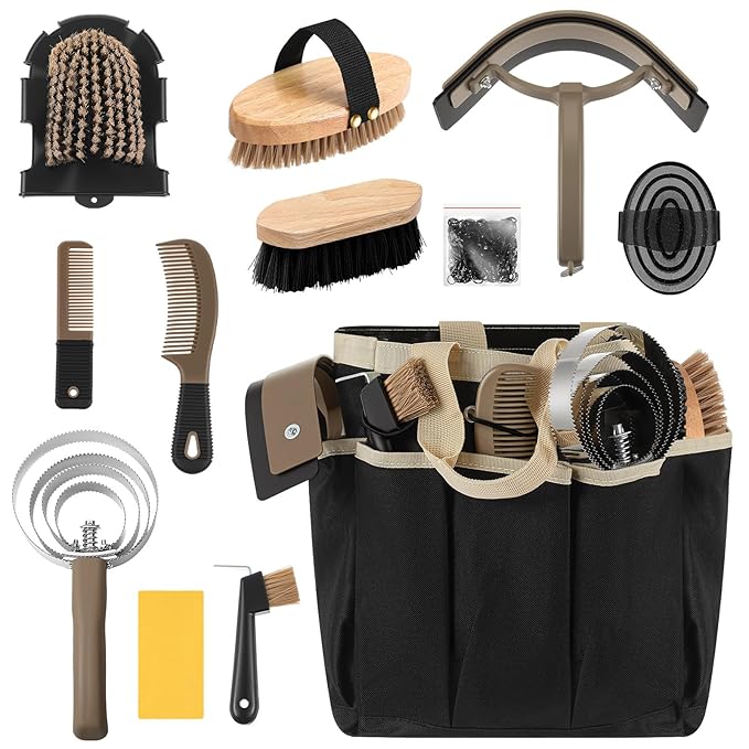 Abbylike 12 Pieces Horse Grooming Kit with Organizer Tote Bag Tack Room Supplies Horse Brush Sets Equine Care Cleaning Kit Shedding Grooming Massaging Tools(Khaki)