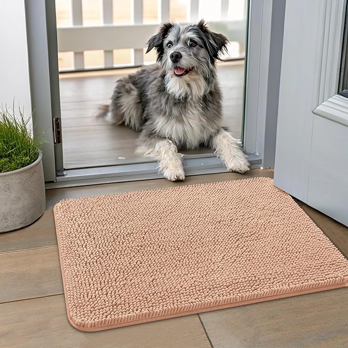 Smiry Dog Door Mat for Muddy Paws 24x16, Absorbs Moisture and Dirt Doormat, Non-Slip Washable Quick Dry Chenille Front Door Mat Indoor Entrance, Entryway Carpet for Inside Floor, Peach