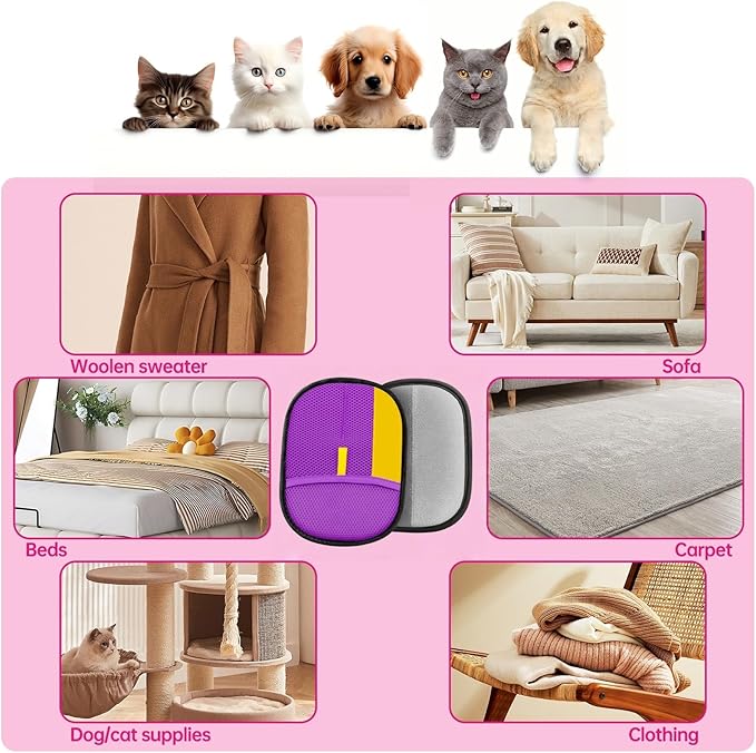 Upgraded pet Hair Removal Gloves, Reusable pet Hair Removal Gloves, Powerful cat and Dog Hair Removal, Suitable for Clothes、Sofas、Carpets、car Seats etc. (2PCS Purple)