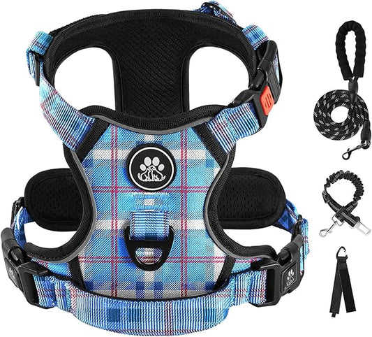 IVY&LANE No Pull Dog Harness with Leash Set, Reflective No Choke Pet Vest,Adjustable Oxford Dog Vest Harness with Easy Control Handle for Small Dogs (Checkered Blue,S)
