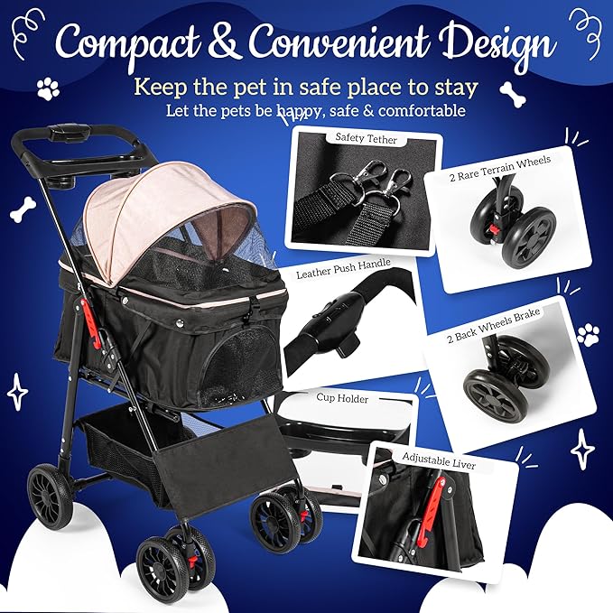 Pet Stroller with 4 Rolling Casters for Pets – Lightweight Multifunctional Travel Stroller with Mesh Windows, Cup Holder, Sun Shades & Storage Pocket for Puppy and Kitty