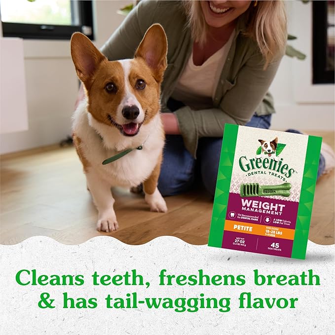 Greenies Weight Management Petite Dog Dental Chews Weight Control Dog Treats, 27 oz. Pack (45 Treats)