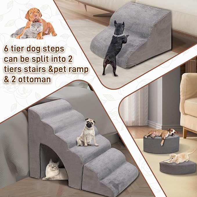 Foam Dog Stairs & Steps Ramps for High Beds 30 inches Tall for Small Dogs and Cats, LitaiL 6 Step Pet Stairs Steps for High Beds 30 inch Large Dogs, Non-Slip Dog Ramps for Older Cat