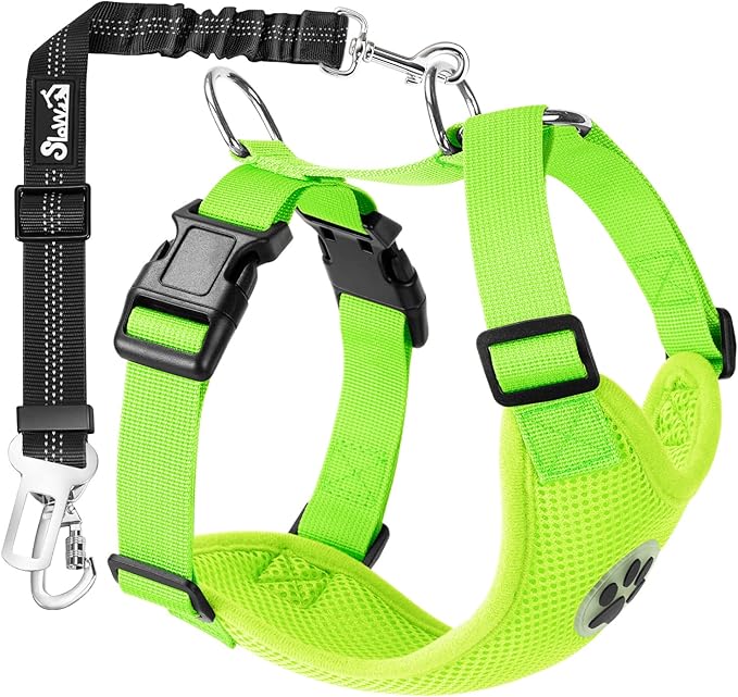 SlowTon Dog Seat Belt Harness for Car, Dog Car Harness Adjustable Mesh Breathable & Dog Seatbelt Safety Tether with Elastic Bungee for Small Medium Large Pets(Lime, Double Clip, M)