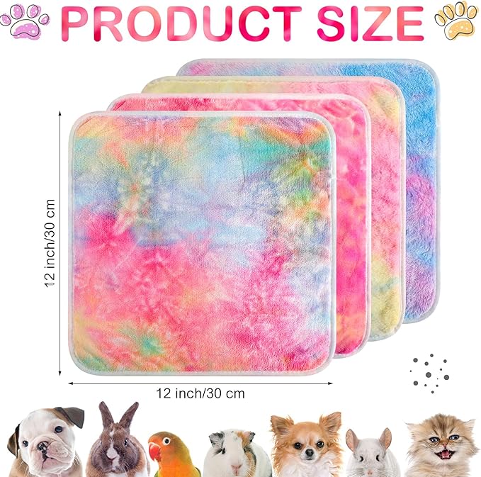 Reginary 4 Pcs Waterproof Guinea Pig Blankets Washable Small Animal Fleece Bedding Absorbent Guinea Pig Cage Liners Reusable Pet Pee Pad Sleep Mat for Hamster Ferret(Tie Dye Pattern,12 x 12 Inch)