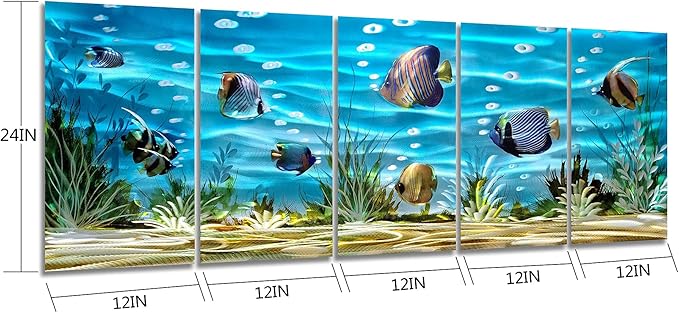 SYGALLERIER School Of Fish Metal Wall Art Handcrafted 3D Coastal Aluminum Artwork Modern Abstract Sea Styles Wall Accent in Blue Green Silver Color for Living Room Bedroom Bathroom Decor