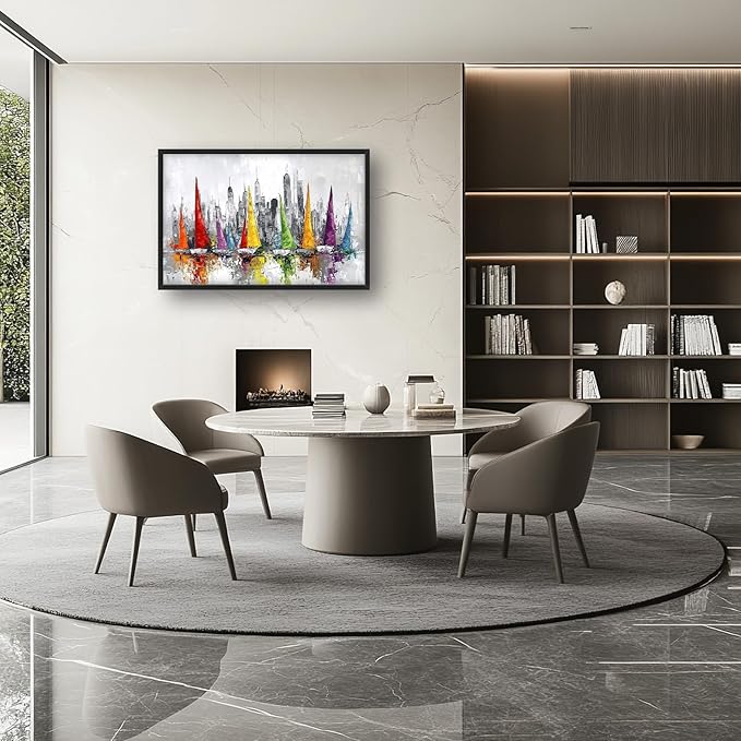 Framed Large Sailboat Wall Art for Living Room, Oversized Abstract City Wall Decor Colorful Sailboat Canvas Painting Pictures Modern Artwork for Living Room Bedroom Office Dinging Room 36"x24"