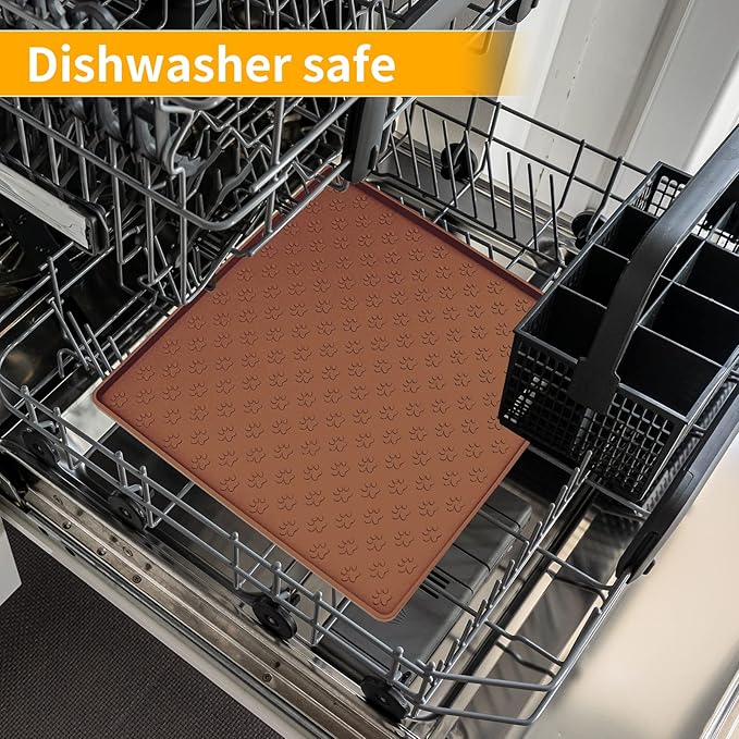 Ptlom Pet Placemat for Dog and Cat, Waterproof Silicone Pet Feeding Bowl Mats for Food and Water, Small Medium Large Dogs Mat Prevent Residues from Spilling to Floor, Brown, 11.8"x11.8"