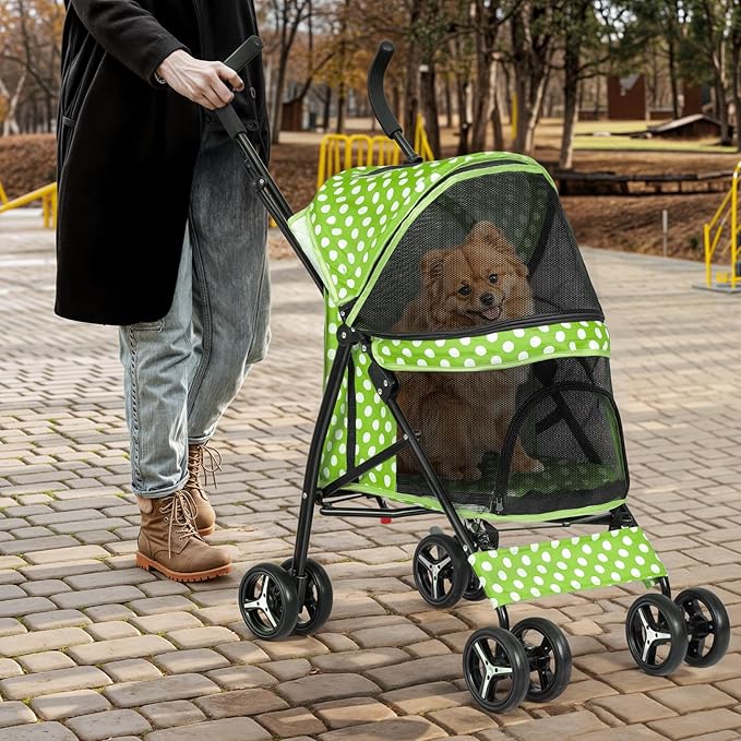 Magshion Compact Pet Stroller for Small-Medium Dogs/Cats up to 22lbs, 4-Wheel Lightweight Umbrella Shaped Portable Puppy Travel Jogger with Breathable Mesh & Rear Storage, Lawn Green Polka Dots