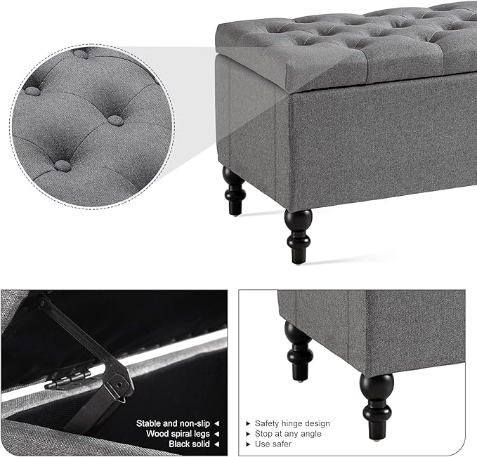 Ottoman with Storage,50.2-inch Upholstered End of Bed Storage Bench for Bedroom,for The Living Room,for Entryway, with Button and Safety Hinges,Detachable (Grey)