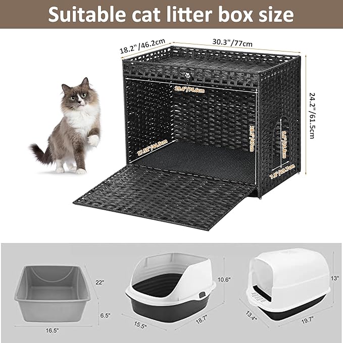 Cat Litter Box Enclosure with Soft Litter Mat; Hidden Cat Washroom Furniture with Door; Handwoven Rattan Cat House with Large Space; Pet Crate for Living Room, Bedroom, Balcony (Black)
